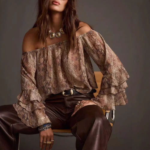 Spring Summer Women Casual Printed off Shoulder Chiffon Top