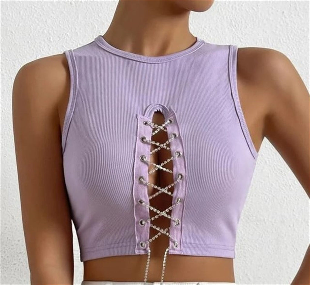 's Rib Cropped Vest Crew Neck Hollow Out Cutout Rhinestone Lace