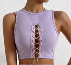 's Rib Cropped Vest Crew Neck Hollow Out Cutout Rhinestone Lace