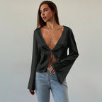 Women's Cardigan T shirt Lace up Loose Satin Top