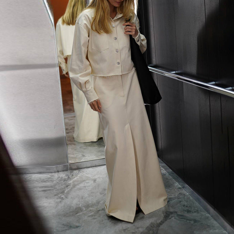French Long-Sleeve Shirt & Split Skirt Set