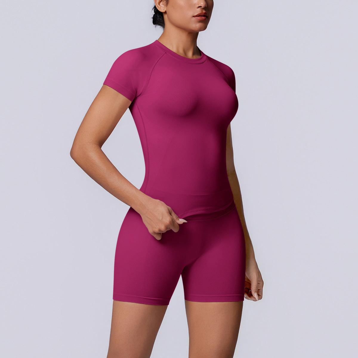 Seamless Knitted Yoga Clothes Slim Fit Short Sleeved Shorts High Waist Peach Hip Lifting Three Section Waist Fitness Yoga Set