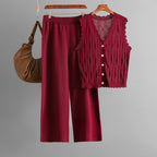 Summer Simple Cardigan Loose Sleeveless Knitted Vest Wide Leg Pants Two-Piece Set