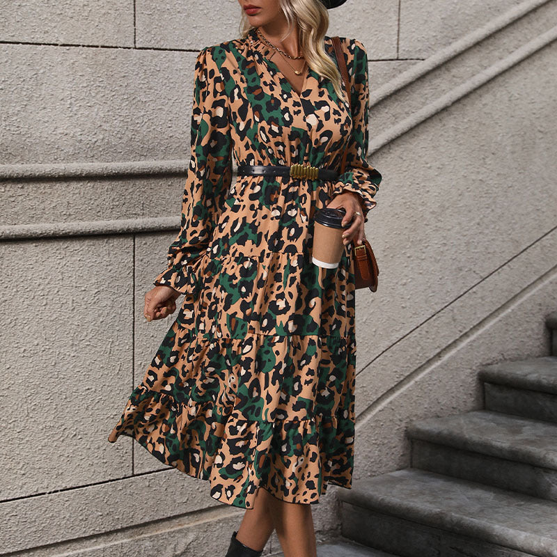 Leopard Print Long Sleeve Midi Dress