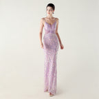 Women's Mid Waist Deep V Plunge Neck Sequin Evening Beaded Hollow Dress