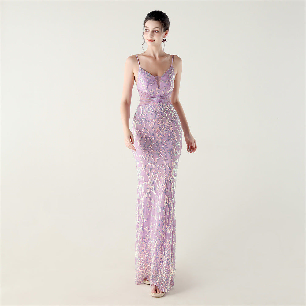 Women's Mid Waist Deep V Plunge Neck Sequin Evening Beaded Hollow Dress