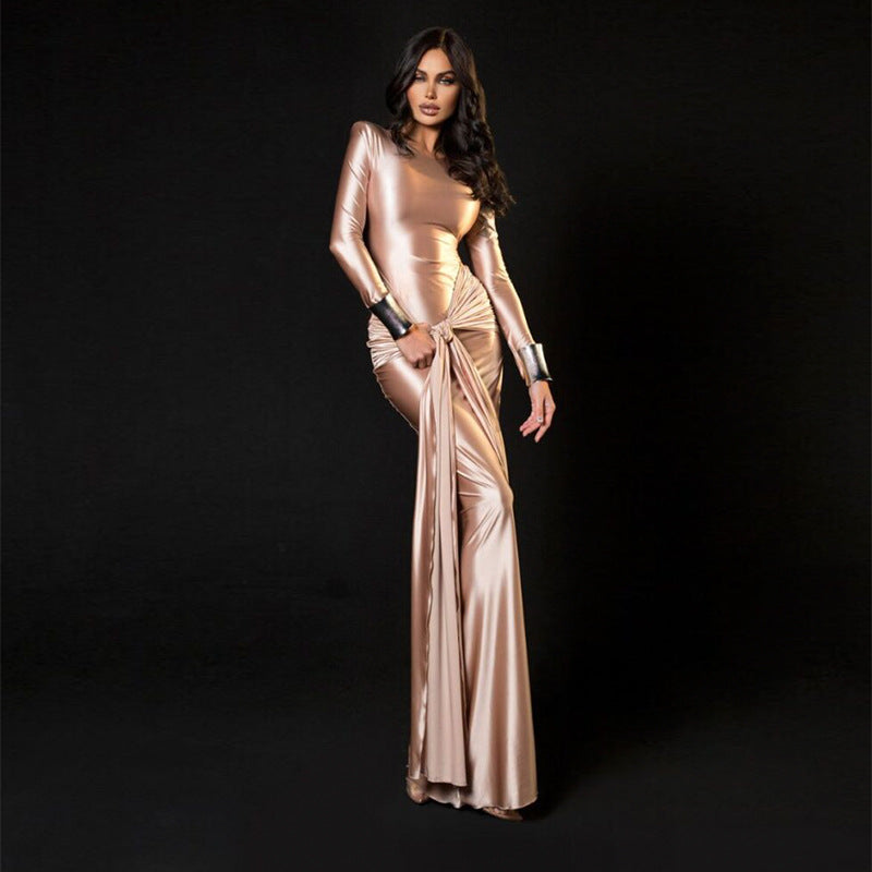 Women's Crew-Neck Satin Tie Long-Sleeve Maxi Dress
