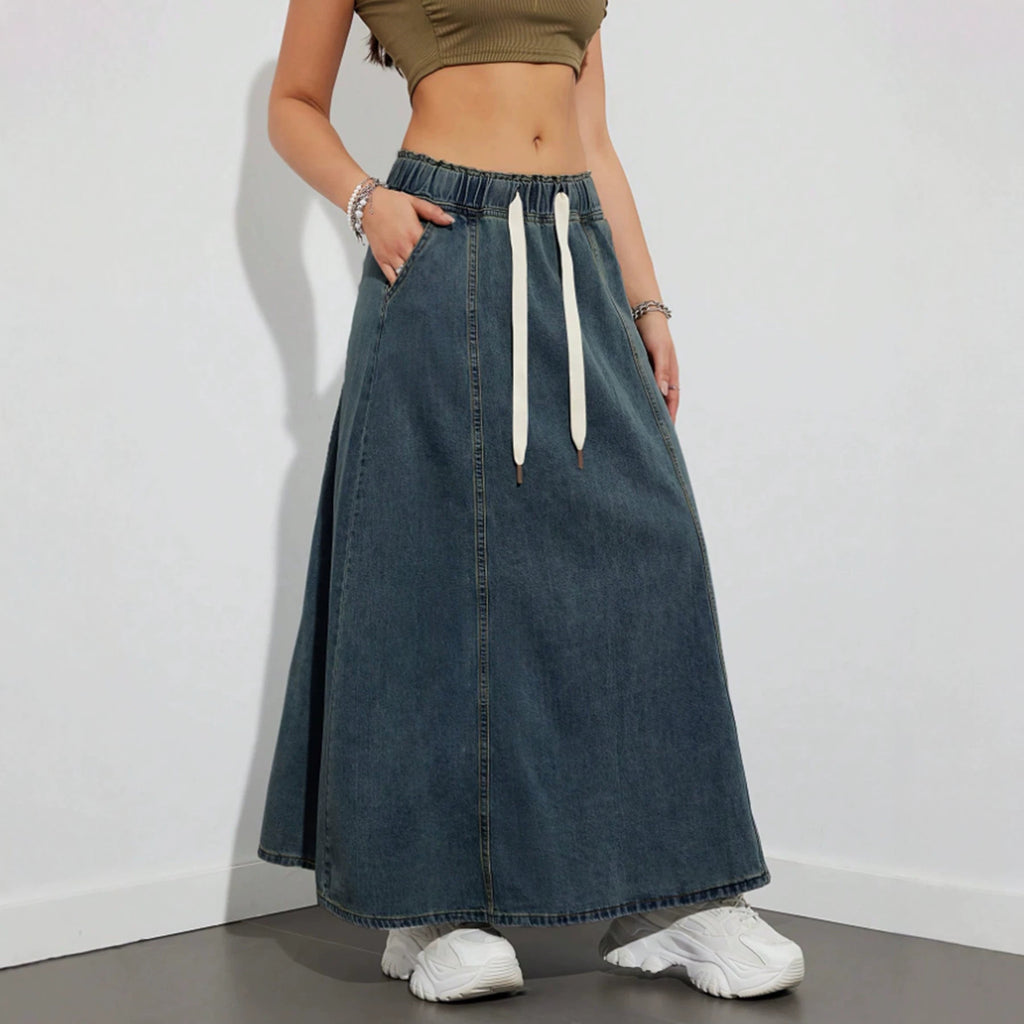 High-Waist Drawstring Denim Skirt
