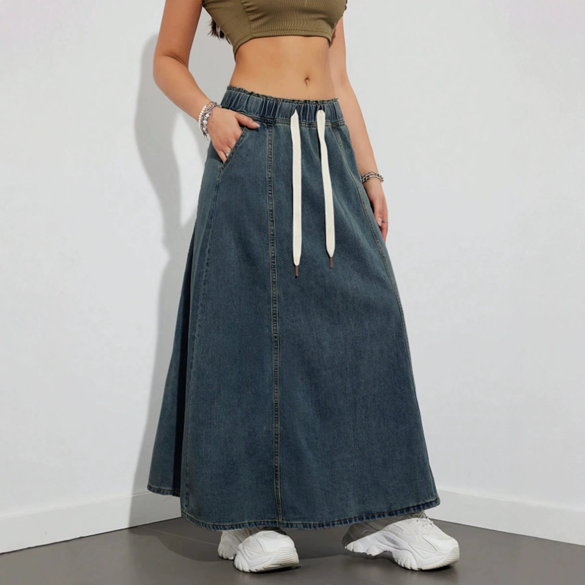 High-Waist Drawstring Denim Skirt