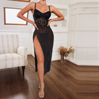 Mesh Rhinestone Crystal Dinner Dress Nightdress Lace See through High Waist Slit Lace up Cami Dress