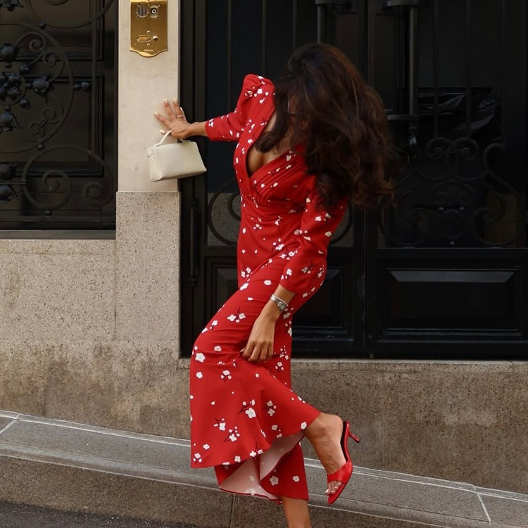 Printed Pleated V-Neck Maxi Dress