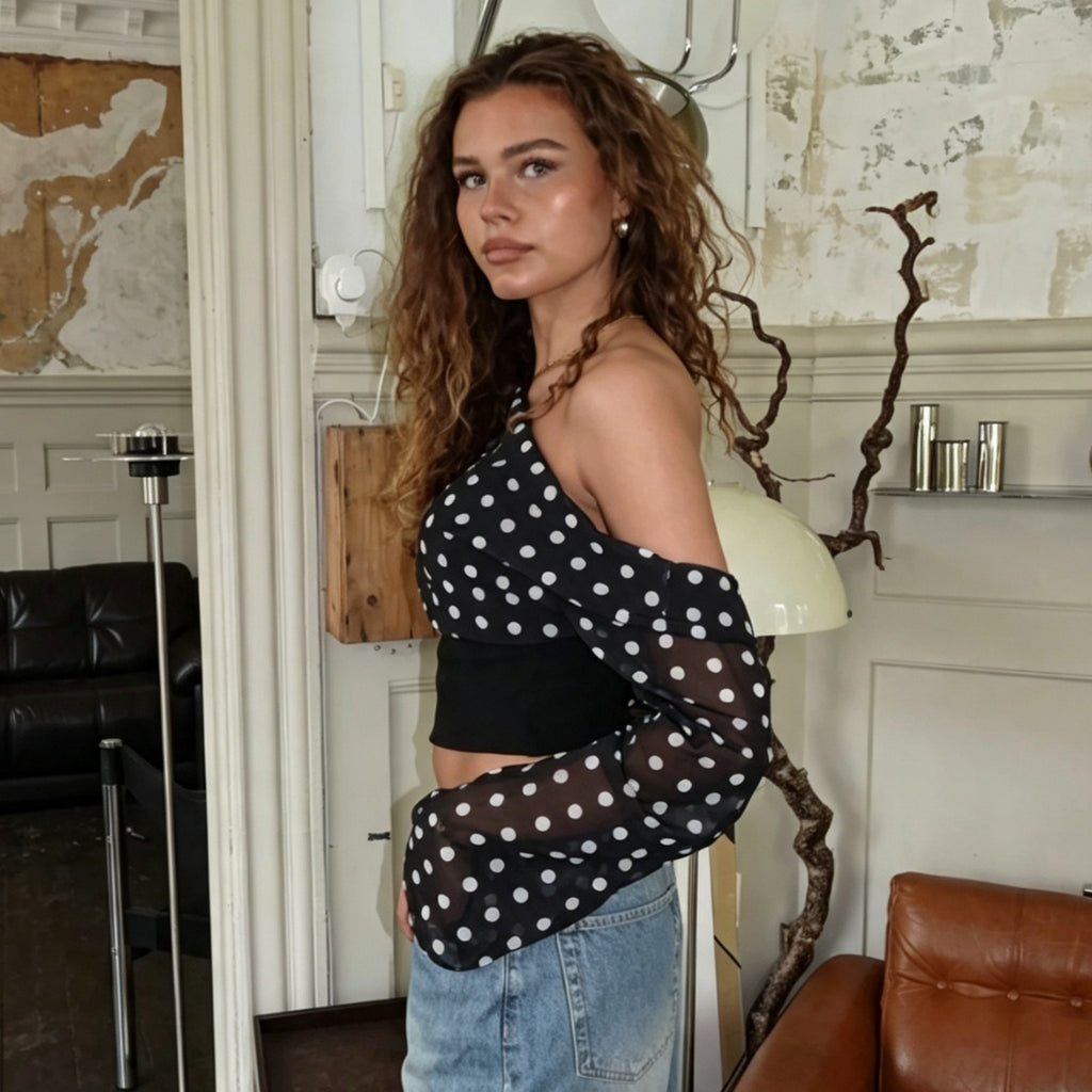 Women's One-Shoulder Polka Dot Ruched Top