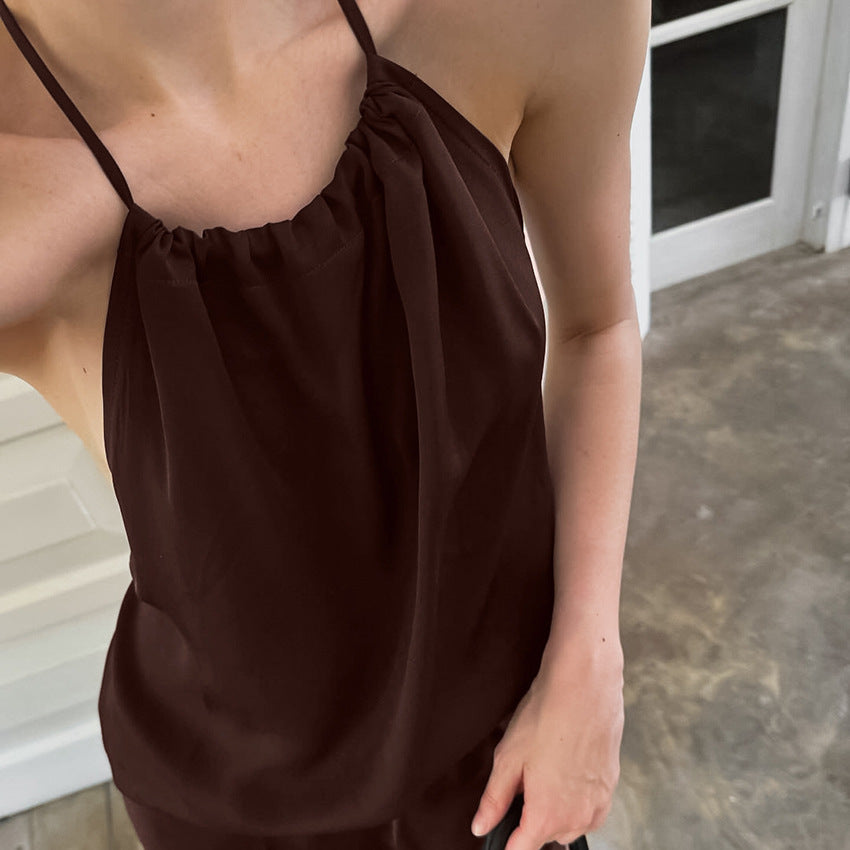 Summer Suit Women's Imitation Acetate Sexy Backless Lace up Halter Spaghetti Straps Vest Straight Skirt Two Piece Set