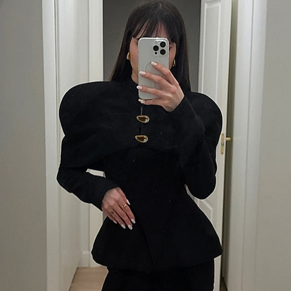 Women's Black Button Stand Collar Slim Top