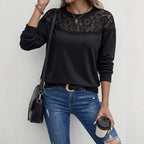 Casual Top Autumn Winter Loose Stitching Lace Hollow Out CO
