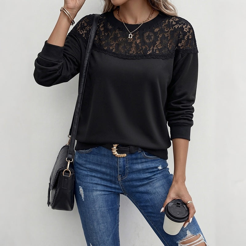 Casual Top Autumn Winter Loose Stitching Lace Hollow Out CO