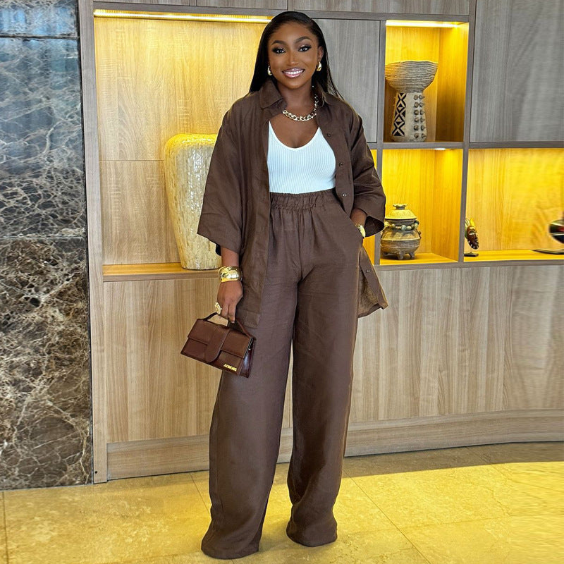 Cardigan Solid Color Top Loose Trousers African Two-Piece Set