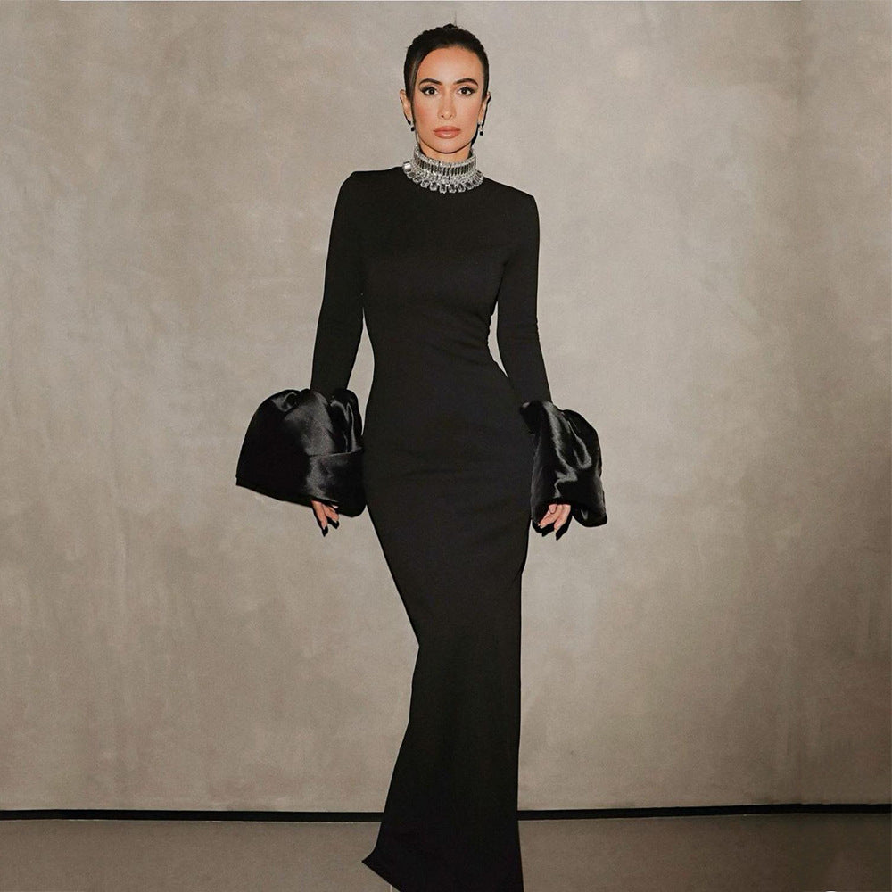 Women's Rhinestone Bell-Sleeve Formal Maxi Dress