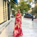 Shoulder Waist-Controlled Lace-Up Wide Hem Printed Dress