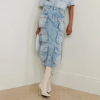 Distressed Retro Washed Denim Spring Multi Pocket Skirt