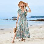 Women's V-Neck Backless Rayon Ruffle Sleeve Split Bohemian Holiday Dress