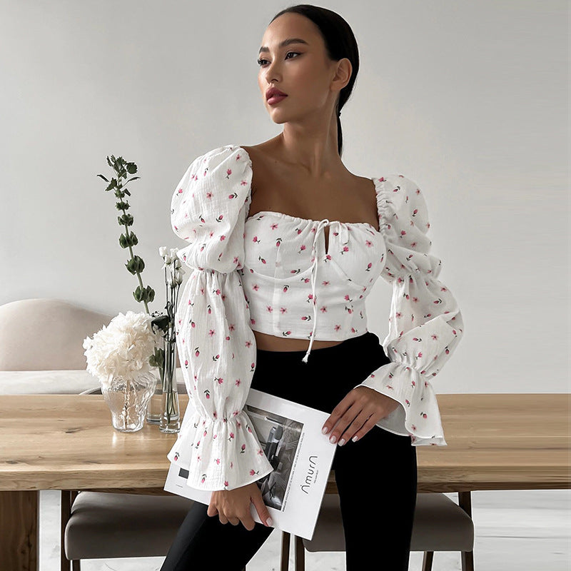 Women's Floral Square Neck Puff Sleeve Top