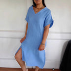 Cotton-Linen V-Neck Tassel Slit Midi Dress
