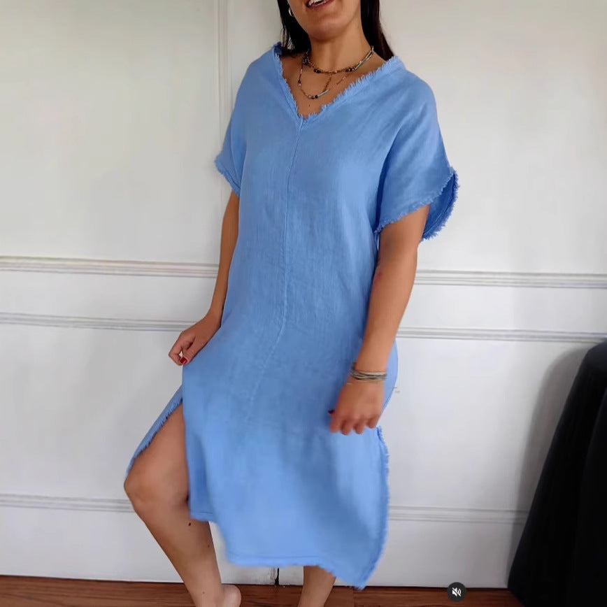 Cotton-Linen V-Neck Tassel Slit Midi Dress