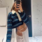 Women’s Blue Striped Polo Collar Crop Top