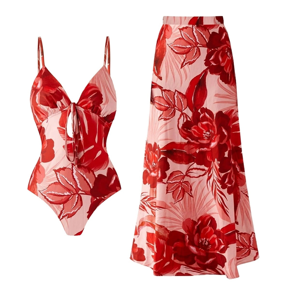 Women's Romantic Pink Big Floral V Neck Lace Up One-Piece Swimsuit