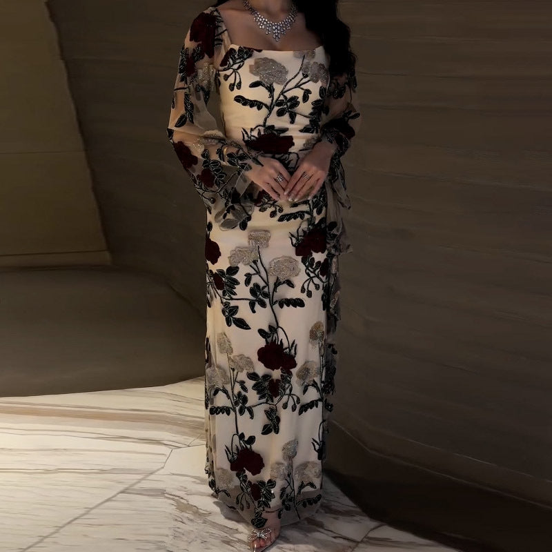 Women's Summer Yarn Dyed Rose Floral Black Bottom Soft Gauze Lace Cocktail Evening Dress