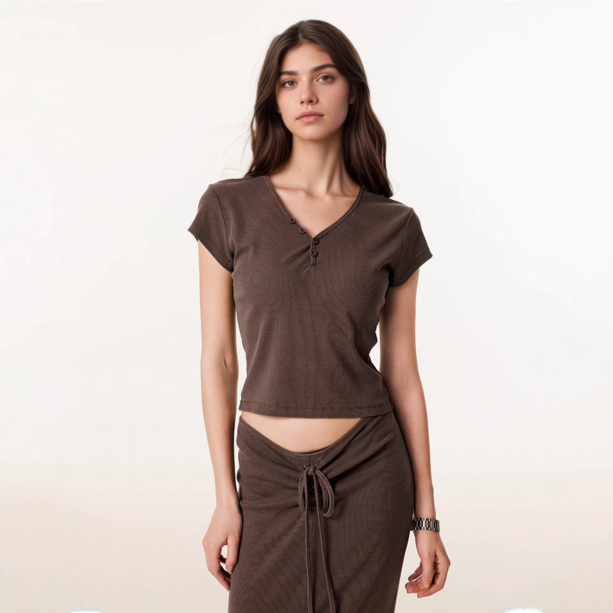 Women's V-Neck Short-Sleeve Top and Skirt Two-Piece Set