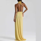 Women's Backless Halter Ruched Maxi Dress