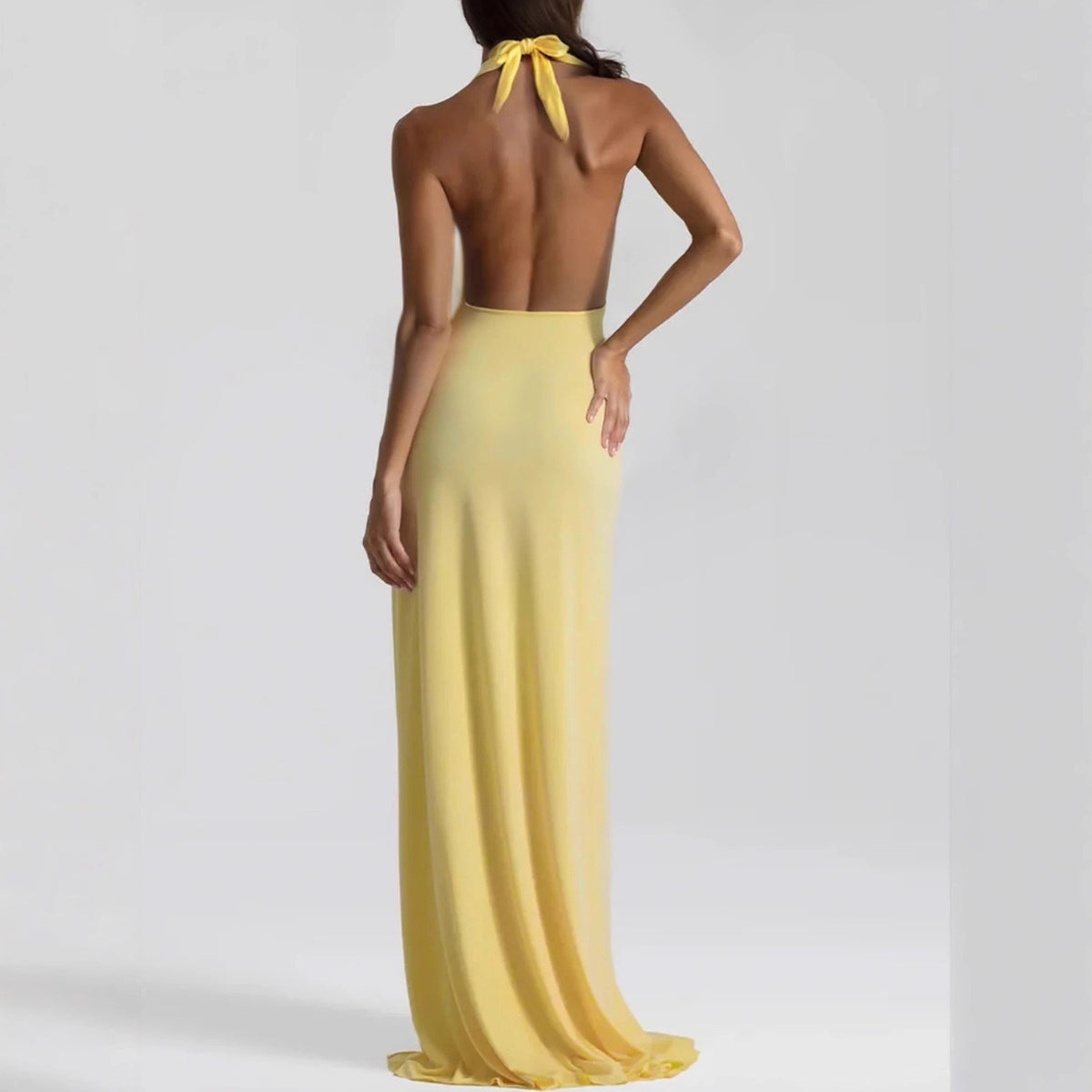 Women's Backless Halter Ruched Maxi Dress