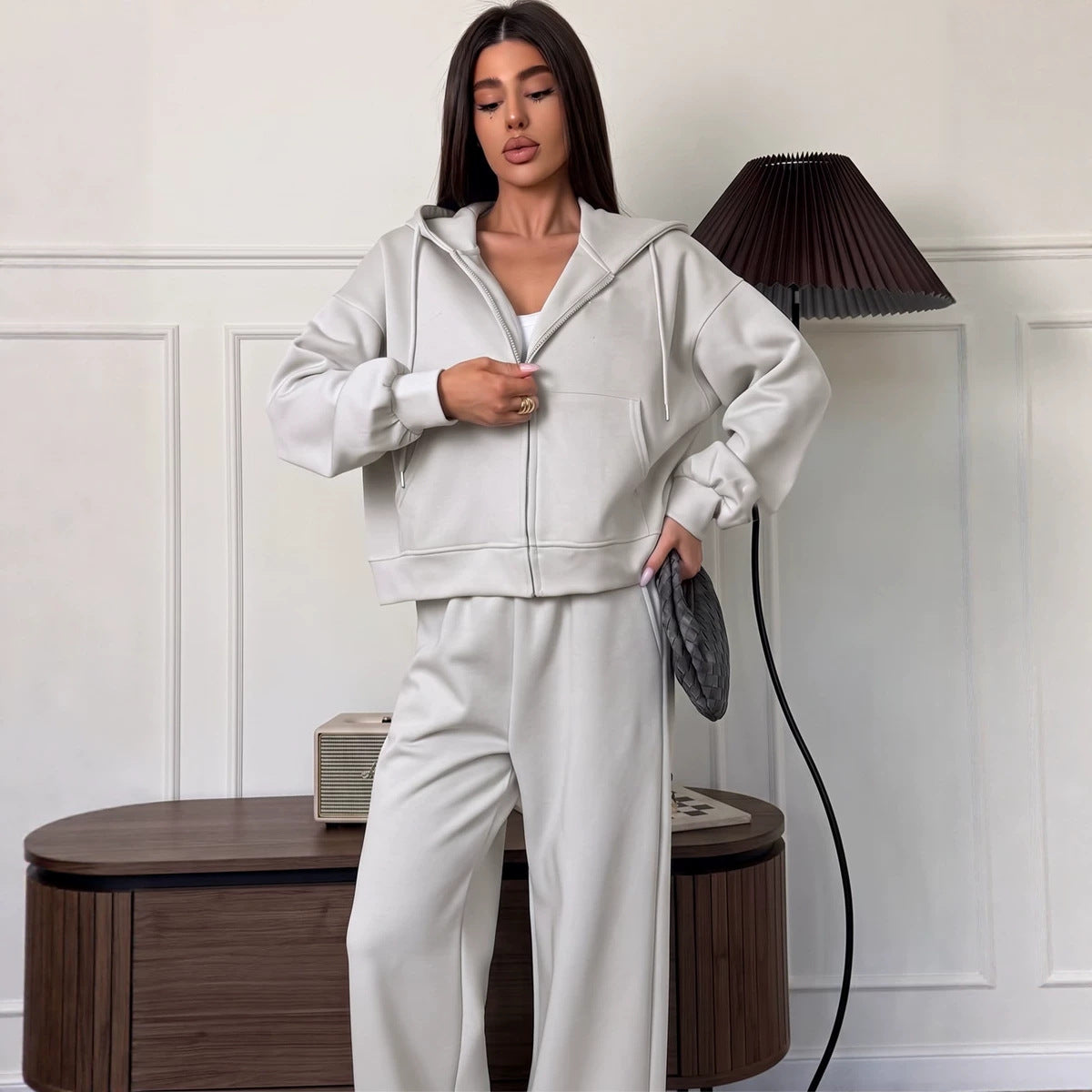 Autumn Winter Loose Hooded Zipper Sweatshirt Suit Two Piece Casual Sports Pants Women Solid Color