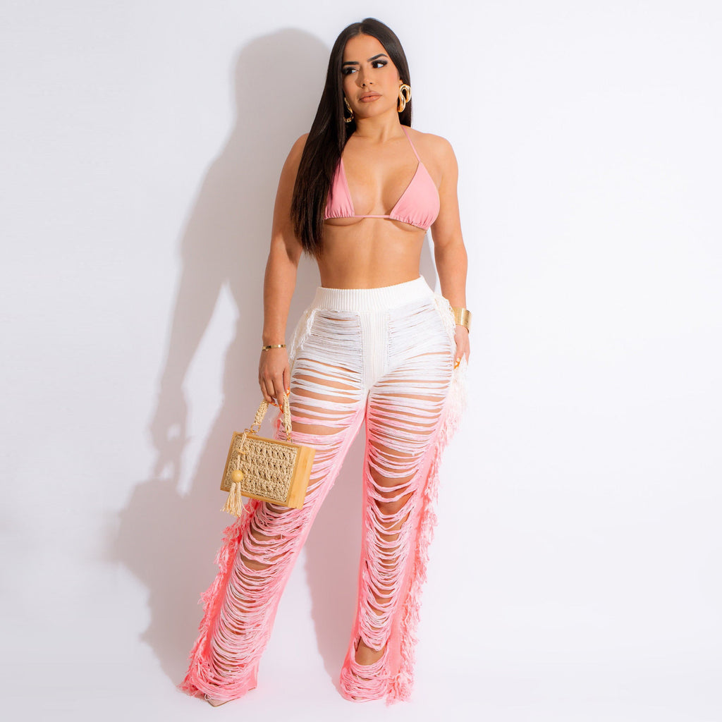 Summer Women Clothing Sexy Gradient Beach Tassel Knitted Trousers Casual Suit