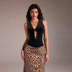 Women's Black Sleeveless Lace V neck Twist Slim Fit Short Vest Top