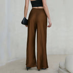 Women Clothing Drawstring Satin Trousers High Waist Solid Color Wide Leg Pants