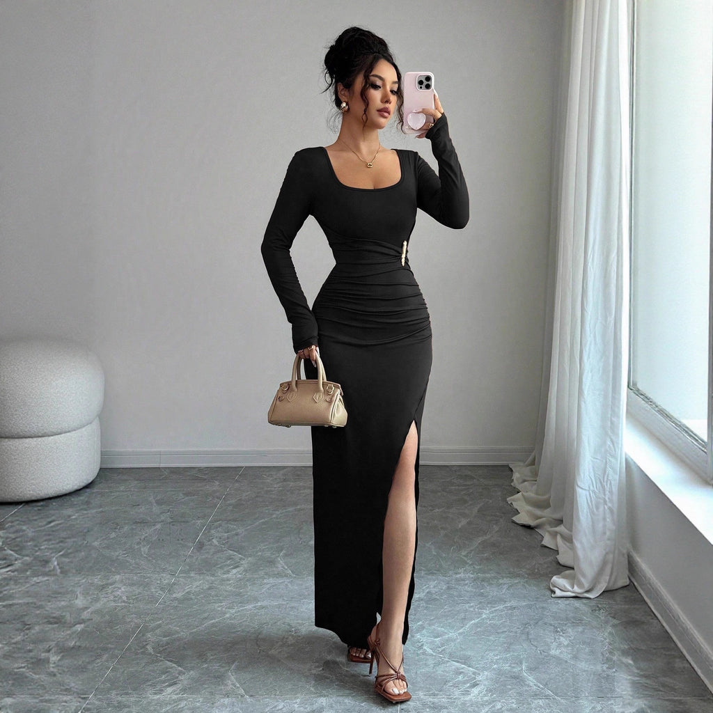 U-Collar Knitted Long-Sleeve Split Dress