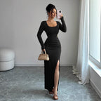 U-Collar Knitted Long-Sleeve Split Dress