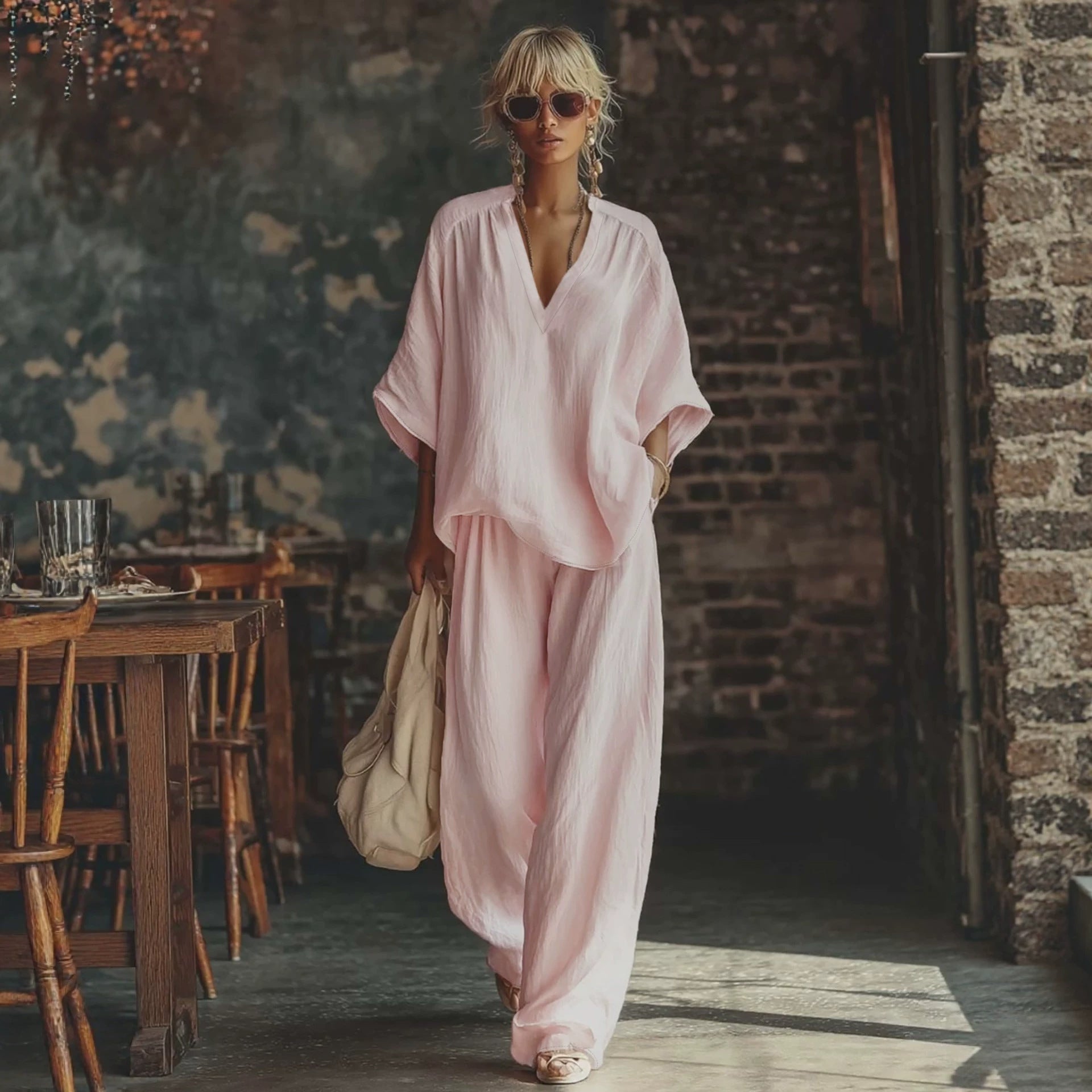 Pink Linen Casual Two Piece Set V neck Loose Top with WL