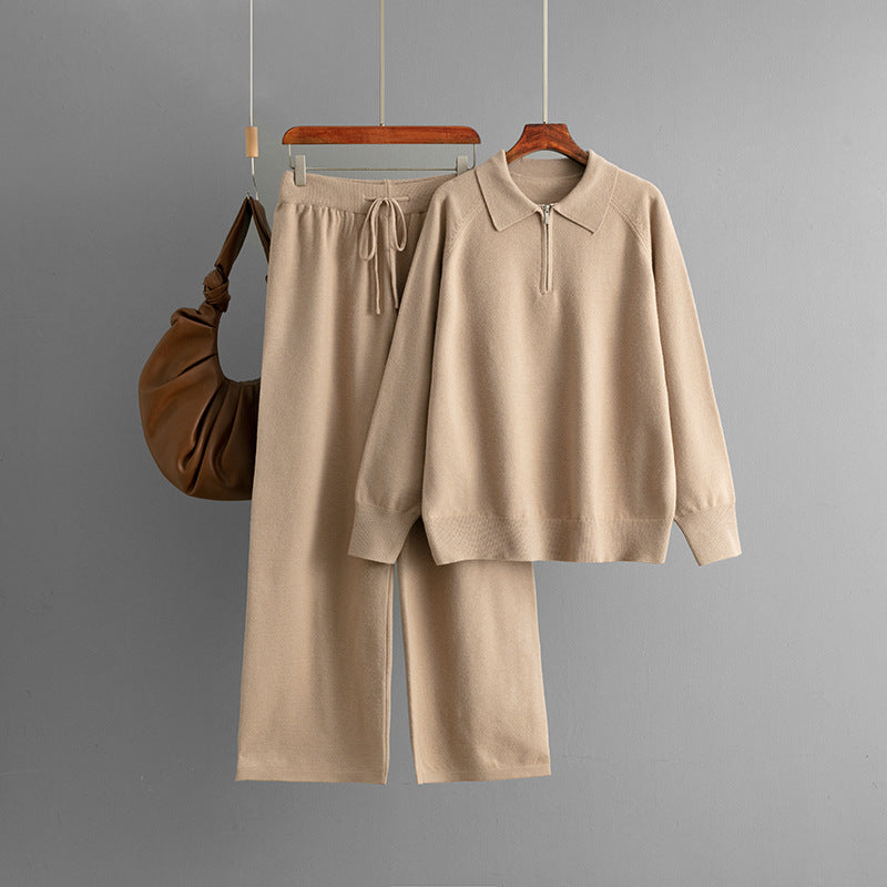 Autumn Winter Polo Collar Half Zipper Casual Knitted Sweater Wide Leg Pants Two-Piece Set