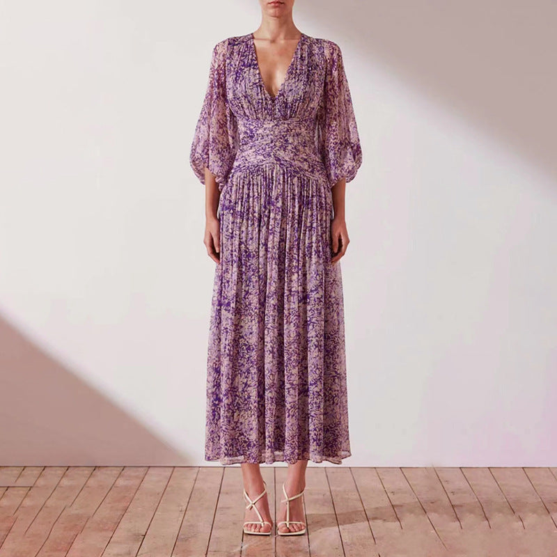 Women's Purple Floral Puff-Sleeve Dress