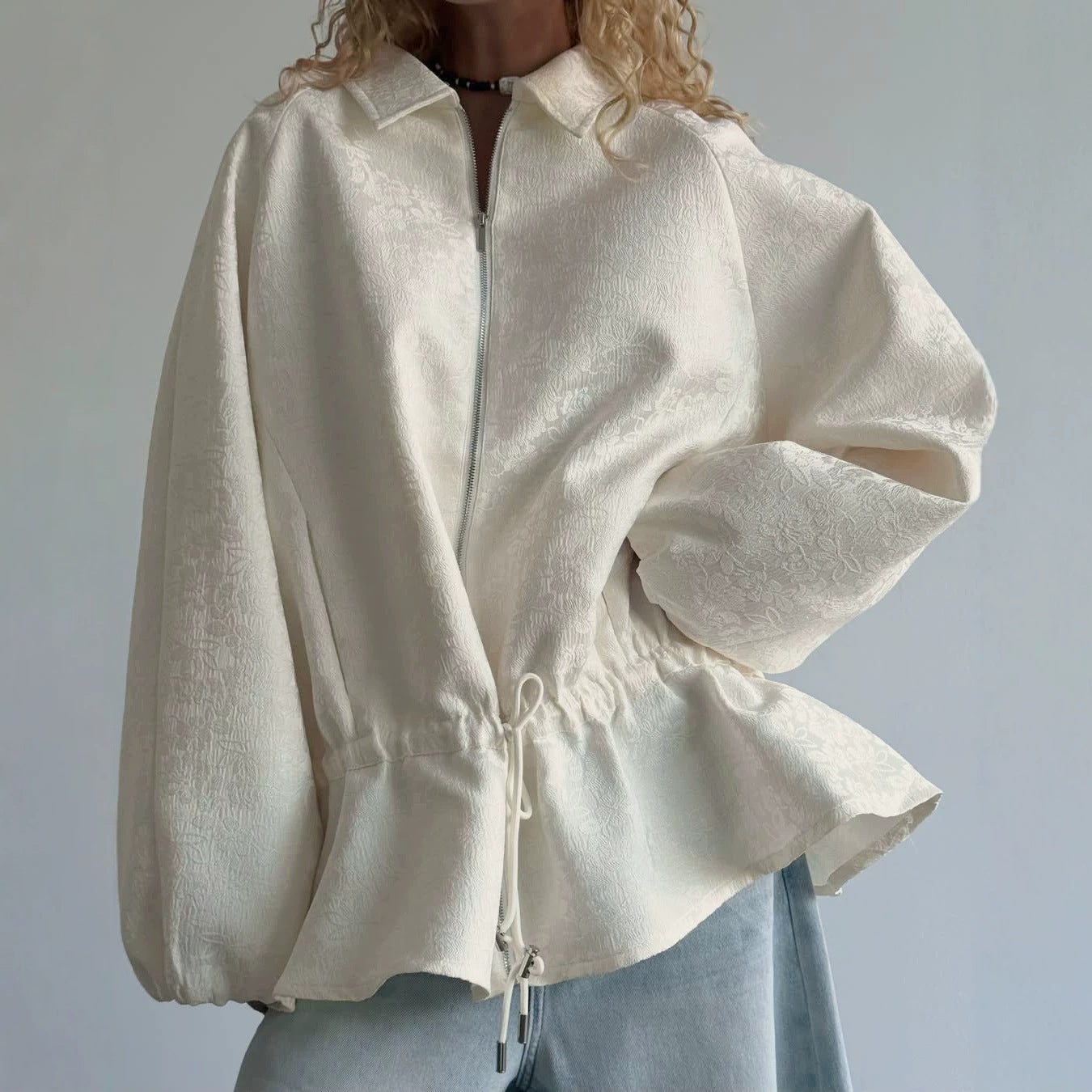 Apricot Texture Jacquard Waist Trimming Short Coat Women