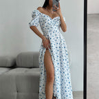 Women's Slit Floral Off-Shoulder Puff-Sleeve Dress