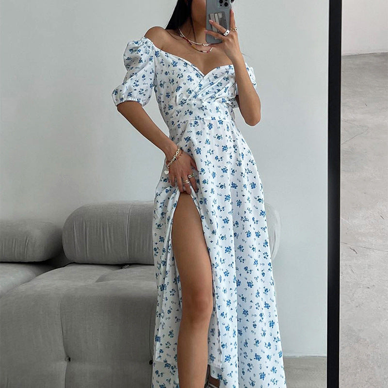 Women's Slit Floral Off-Shoulder Puff-Sleeve Dress