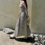 Women's Black and White Striped Pleated Maxi Dress