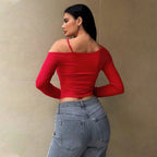 Diagonal Collar T Shirt Cropped Exposed Design Short Red Top Women