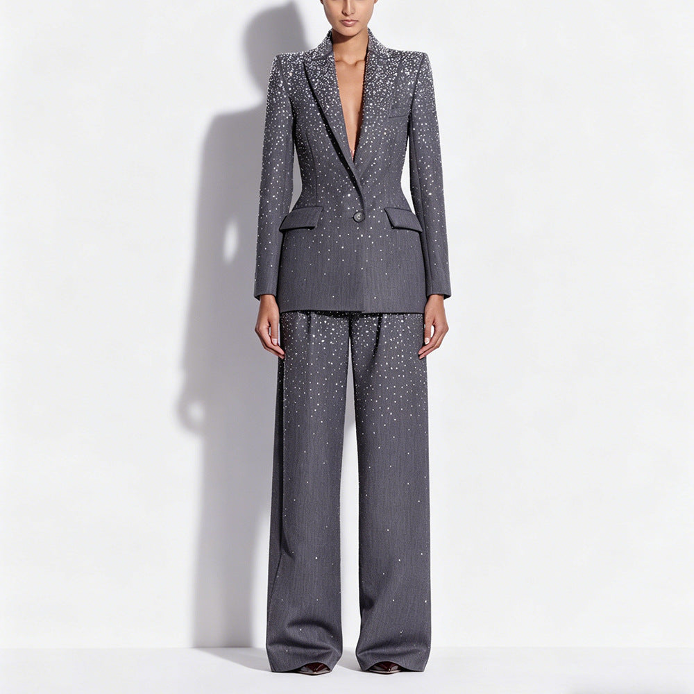 Elegant Rhinestone High Grade Gray One Button Blazer Trousers Set Two Pieces