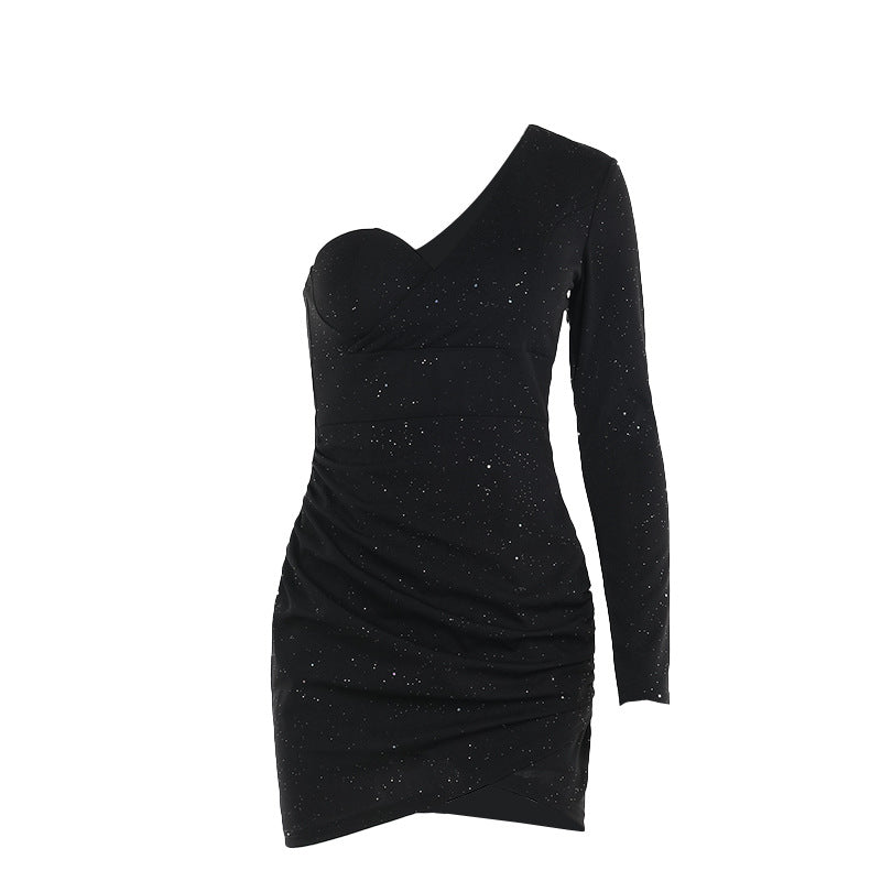 Women's Autumn Sexy One Shoulder Long Sleeve Pleated Thin Glittering Sheath Dress Women